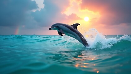 A single dolphin leaping out of turquoise ocean water beneath a vivid rainbow and glowing sky, splashes frozen mid-air, joyful moment captured with cinematic lighting and colorful reflections across 
