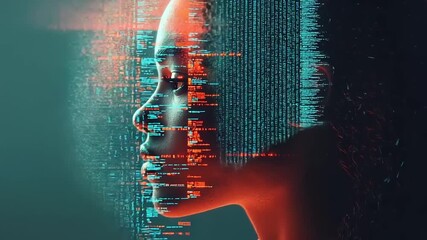 Human profile dissolving into digital code streams - Powered by Adobe