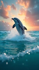 Fototapeta premium A single dolphin leaping out of turquoise ocean water beneath a vivid rainbow and glowing sky, splashes frozen mid-air, joyful moment captured with cinematic lighting and colorful reflections across 