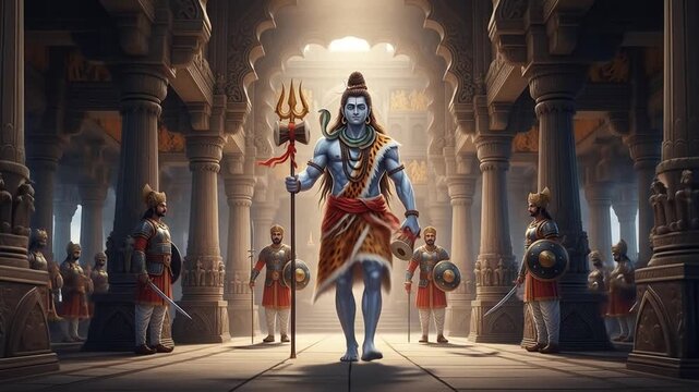 Lord Shiva Walking Through Ornate Temple with Warriors and Columns