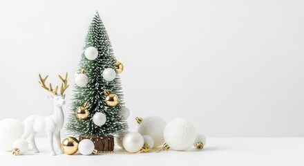 Festive Christmas Tree with Deer and Ornaments on White Background.