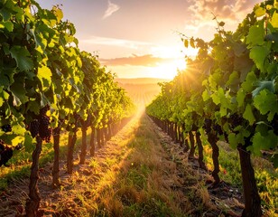 Naklejka premium Sunlight streams through a vineyard at sunset, illuminating rows of grapes