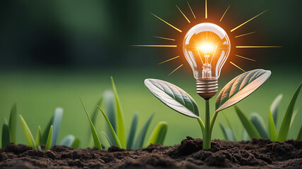 Glowing lightbulb sprouts from a young plant in rich soil startup seed idea growth renewable energy sustainability and innovation theme with fresh green leaves