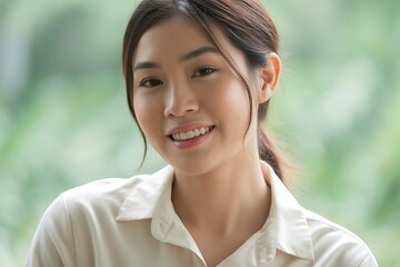 A young asian woman with a friendly smile, captured in a closeup portrait with a soft, natural background