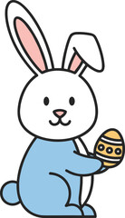 Cute cartoon bunny holding a yellow easter egg with stripes circles