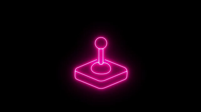 Glowing pink neon retro arcade joystick animation. Video game controller. Gaming symbol. Nostalgia. 4k loop motion graphic.