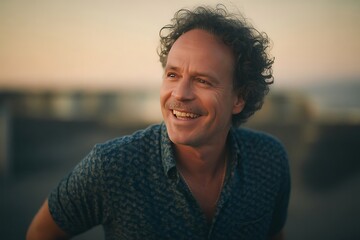 A happy middleaged man with curly hair smiling outdoors at sunset