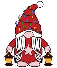 Cute Christmas Gnome Girl with Braids Holding Light – Festive Holiday Vector Illustration