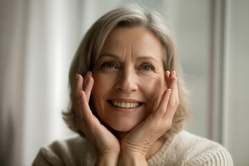 A happy senior woman with grey hair smiling indoors with her hands on her face