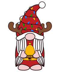 Cute Christmas Gnome with Reindeer Antlers Holding Ornament – Festive Holiday Vector Illustration