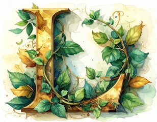 Large golden letter "L" adorned with lush green leaves and vines