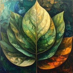 Large leaf in vibrant greens and yellows against a stained background