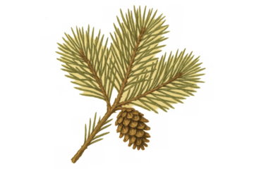 Pine branch with needles and a single cone in a classic botanical illustration style on a transparent background