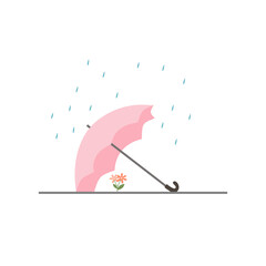 Pink Umbrella Protecting Small Flower from Rain Vector &ndash; Cute Minimalist Spring Illustration