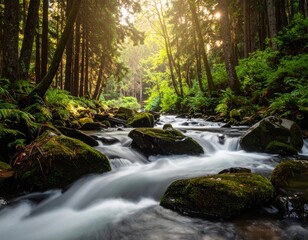 Obraz premium Lush forest scene. River flows around mossy rocks, sun shining through trees