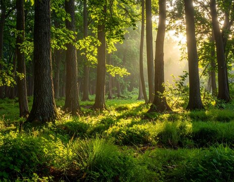 Sun-dappled, vibrant forest scene with tall trees and lush greenery