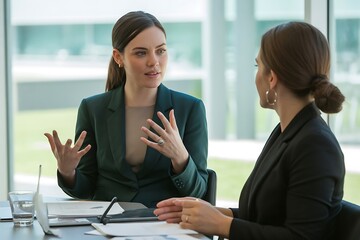 Professional women in business meeting discussing strategy in a modern office setting, conveying collaboration and success.
