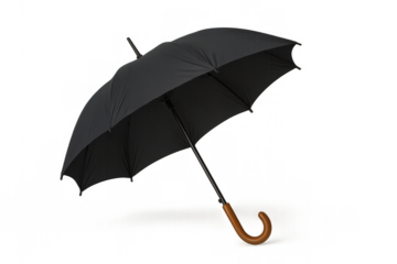Black umbrella offering protection from rain and bad weather, a classic accessory with open canopy and wooden handle