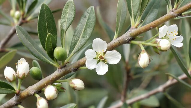 Close-Up View of a Branch from an Olive Tree Showing New Growth and Blossoms During the Spring