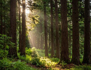 Fototapeta premium Sunlight streams through towering trees in a vibrant, lush forest