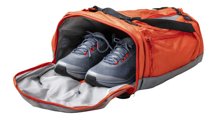 Sports bag with extended shoe compartment open, background isolated on a Transparent background, PNG file.