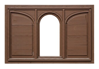 Aged wooden window frame with arched details and rustic finish, isolated