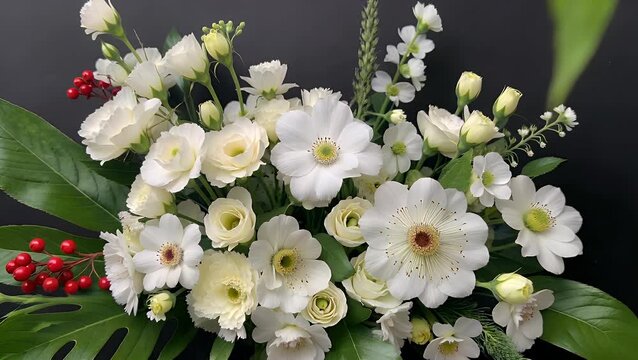 Dramatic and Artistic Arrangement of a Lush Bouquet of White Flowers Contrasting Against a Dark Black Background with a Painterly Lighting