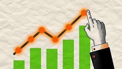 Animated illustration of artistic collage showing a hand pointing upward over a green growth chart with orange line. Concept of business growth, success, and economic progress
