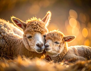Two Alpacas Cuddling Sunlight 