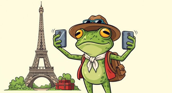 Frog Tourist in Paris with Eiffel Tower.