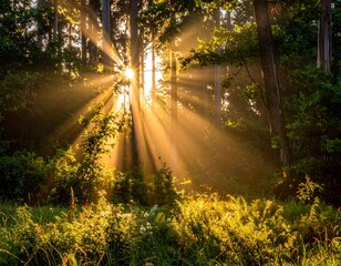 Sun rays breaking through lush green forest, illuminating the natural scene