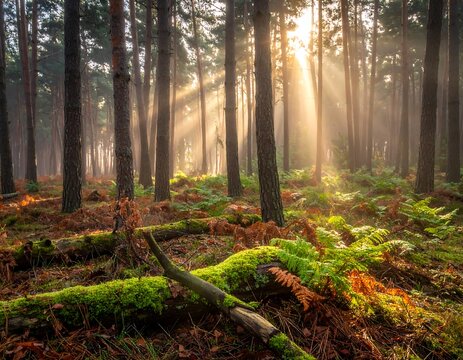 Sun rays filtering through tall trees in a misty, green forest