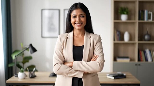 Smiling woman with arms crossed, in a beige blazer, in office environment
