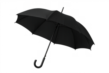 Black umbrella open and ready for use, offering protection from rain and bad weather. Isolated on transparent background