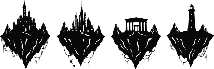 Floating island architecture icons, medieval castle, modern skyscraper city, greek temple, lighthouse beacon, fantasy landscape, surreal design, black white, cad drawing flat vector illustration © Vexora Studio