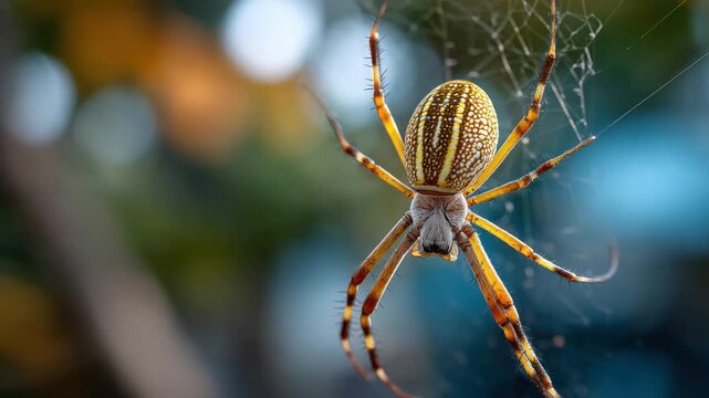 A large spider with striped abdomen and long legs hangs suspended in its web