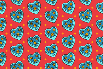 Heart cookie dessert with flowers colorful illustration pattern on red background set for bakery and pastry. Iced cookie, Linzer cake cartoon isolated motif background for restaurant and cafes