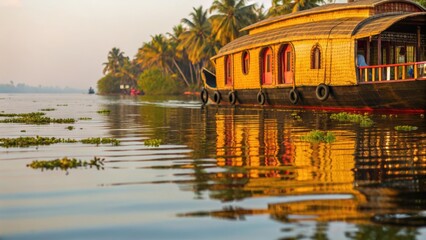 Obraz premium Houseboat gliding through serene backwaters in Kerala India surrounded by lush palm trees and reflecting golden sunlight