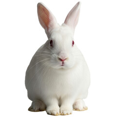 Cute white albino rabbit with red eyes sitting and looking directly at the viewer