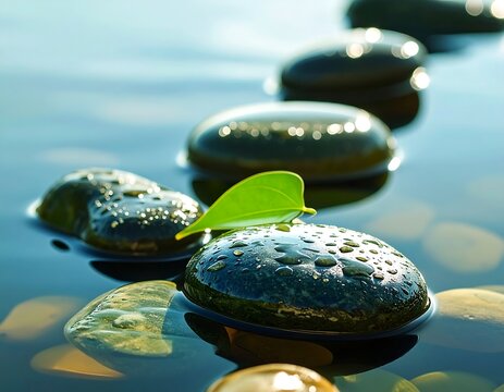 Rocks in water with leaf