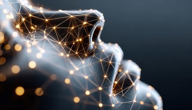 A digital wireframe of a human face in profile, illuminated with glowing nodes and connecting lines against a dark background.