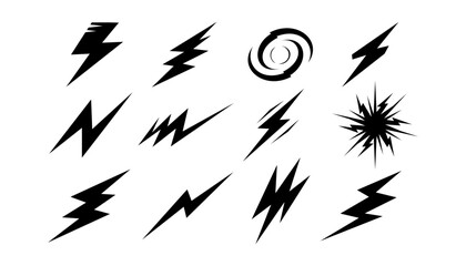 Lightning bolt icon. Flash symbol, thunderbolt, blitz lightnings strike sign. Electric energy black silhouettes, power concept. Vector isolated dynamic sports logo set template