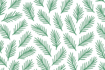 Seamless pattern with green pine needles on transparent background, winter and christmas holiday concept