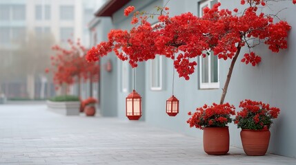 Vibrant Red Flowers Bloom on a Tree Beside a Gray Building with Hanging Lanterns in Soft Daylight