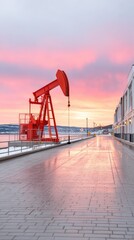 Vibrant Red Industrial Pumpjack Stands Tall Against a Fiery Sunset Sky Over a Snowy Waterfront Promenade with Wet Pavement Reflecting the Colors