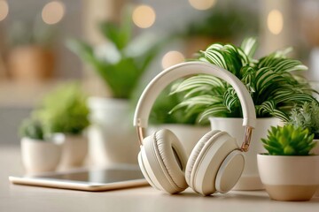 White wireless headphones rest on a wooden table surrounded by green potted plants and a tablet, with a softly blurred cozy background featuring warm bokeh lights.