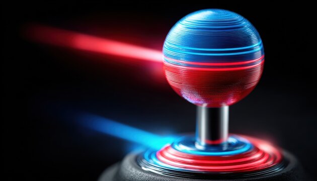 A glowing joystick emits vibrant red and blue light trails against a dark background, highlighting its futuristic and dynamic design. - Powered by Adobe