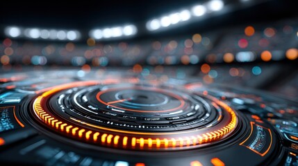 Futuristic digital interface with glowing circular patterns and intricate details, showcasing advanced technology and data visualization in a high-tech environment.