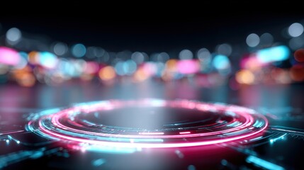 Futuristic neon circular interface with glowing blue and pink lights on a dark background, suggesting advanced technology and digital innovation.