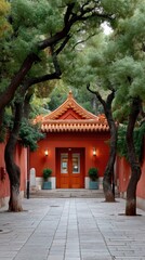 Obraz premium Serene Temple Entrance with Vibrant Red Walls Lush Green Trees and Ornate Orange Roof Under Soft Natural Light